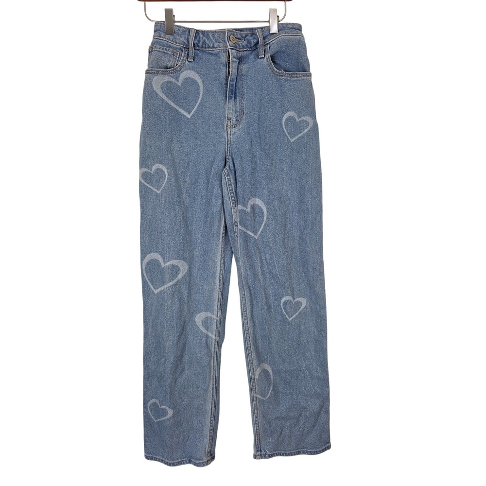 Hollister Art To Wear Heart Print Jeans 26 Womens High Rise Dad Straight